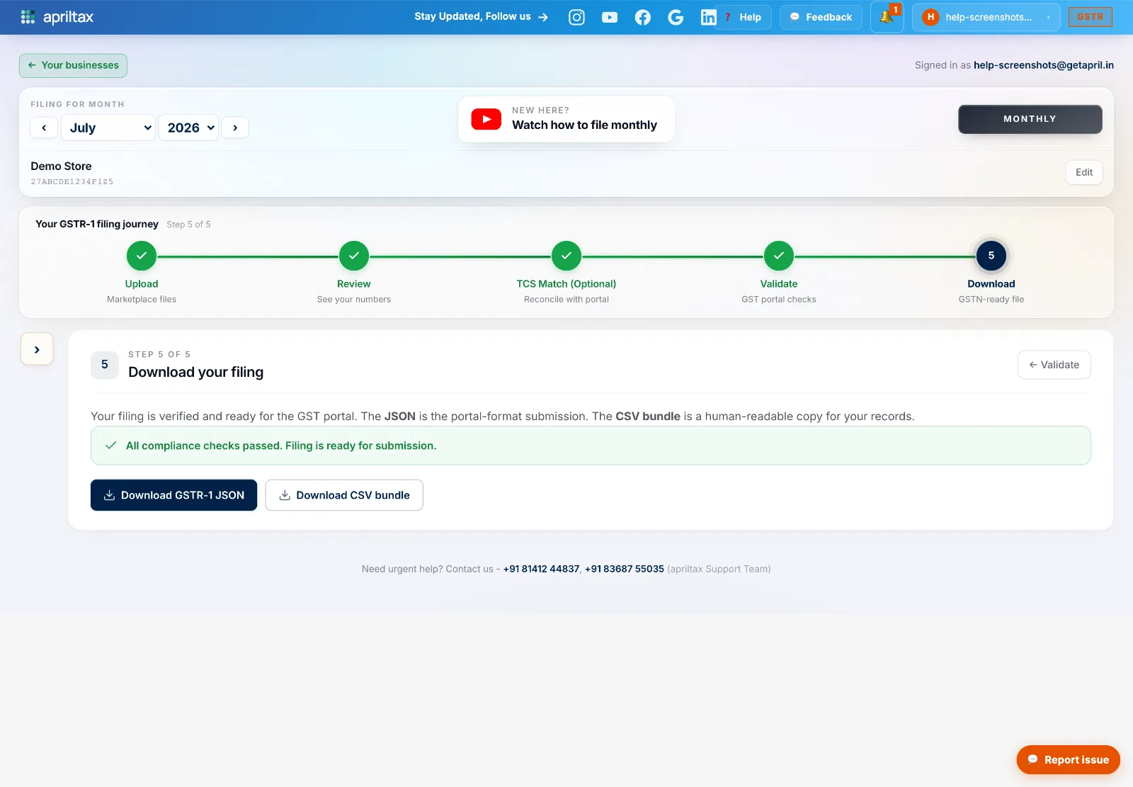 Download step with all checks passed and the GSTR-1 JSON and CSV bundle download buttons