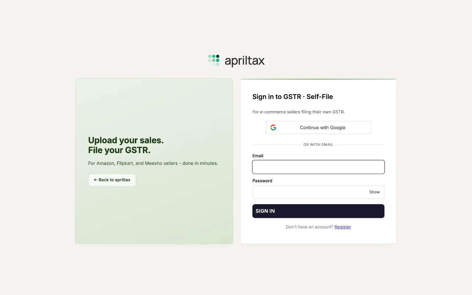 Sign in to GSTR Self-File page with Continue with Google and email plus password fields
