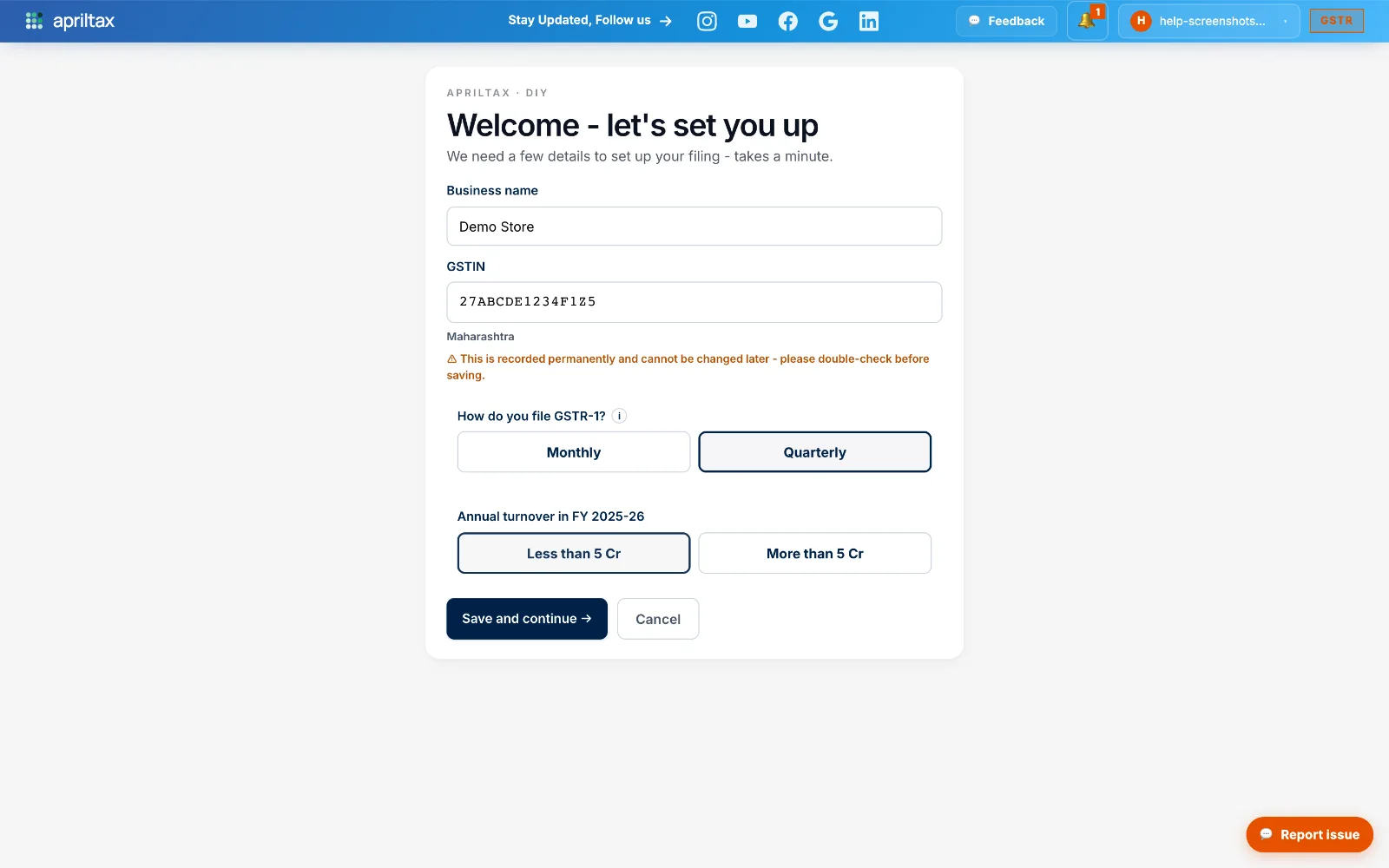 Welcome setup form with business name, GSTIN, filing cadence and turnover slab filled in