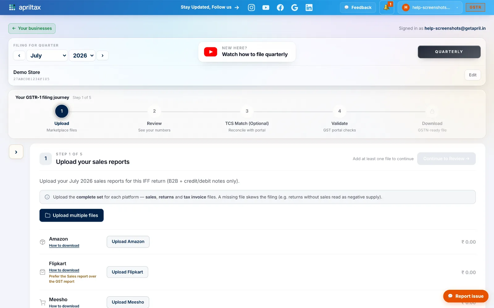 GSTR-1 filing journey with five steps: Upload, Review, TCS Match, Validate, Download
