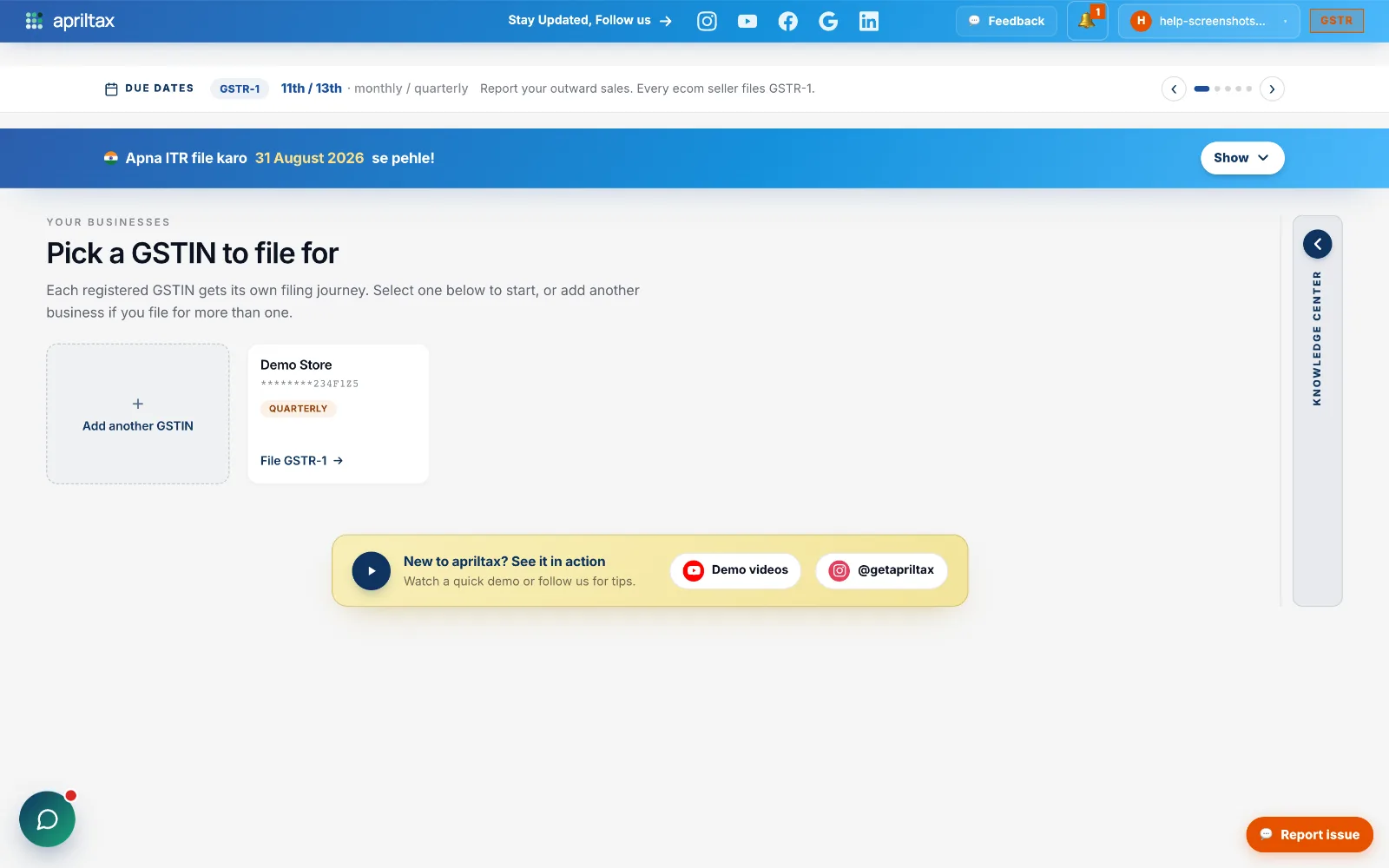 Your Businesses page showing a business card with the File GSTR-1 button