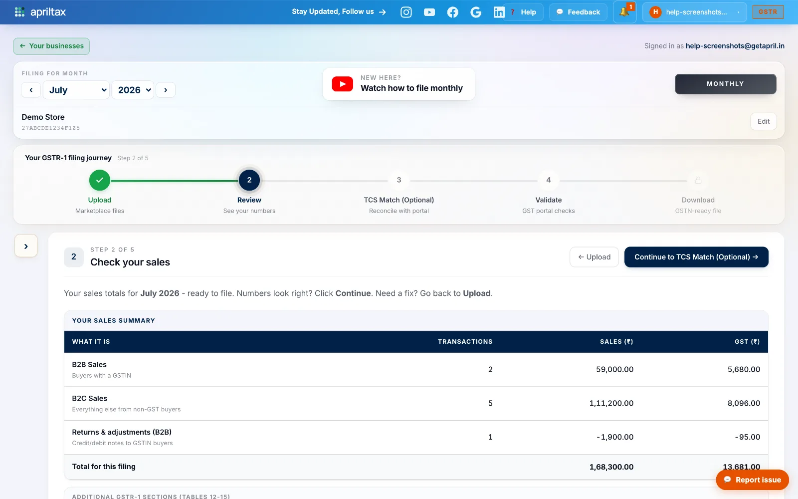 Review step showing the sales summary: B2B sales, B2C sales, returns and the filing total