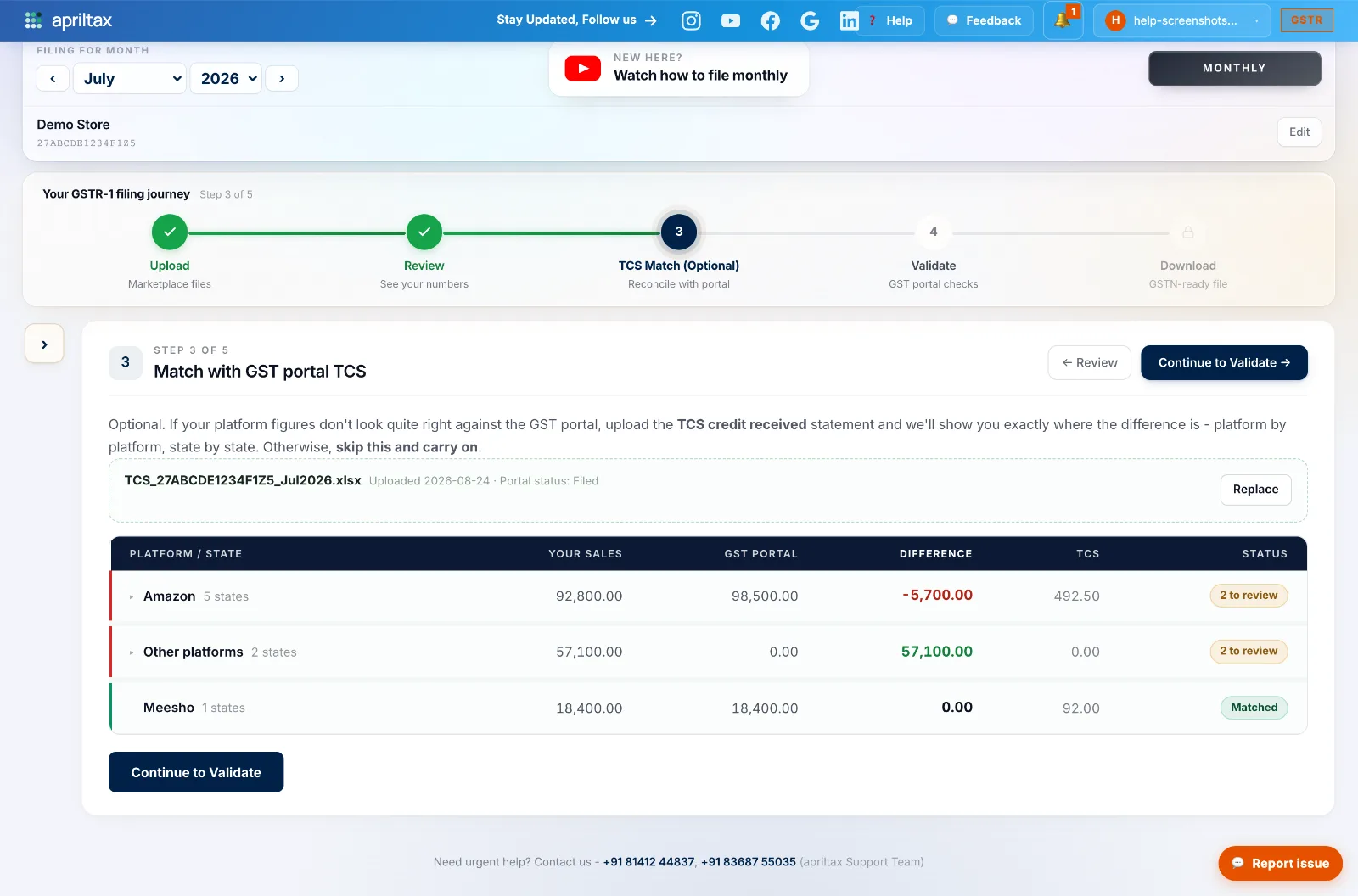 TCS Match step with the uploaded portal statement and the platform comparison table
