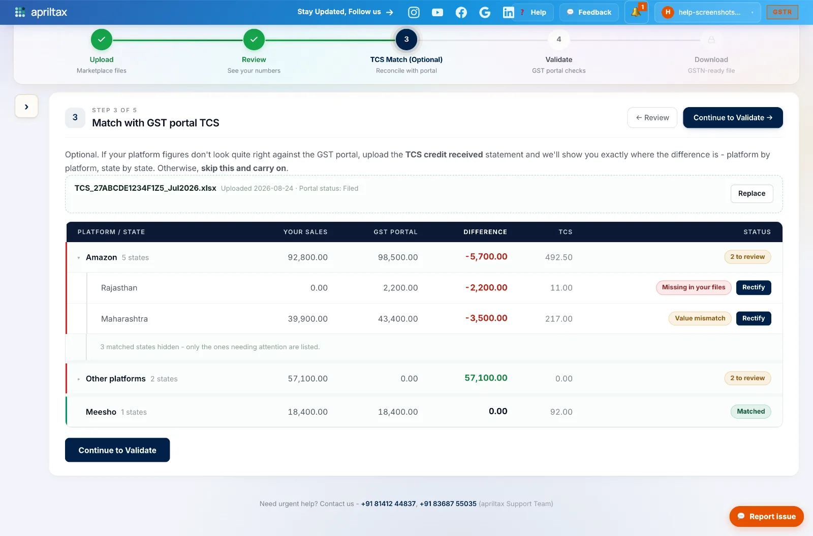 TCS Match showing a missing state and a value mismatch with Rectify buttons