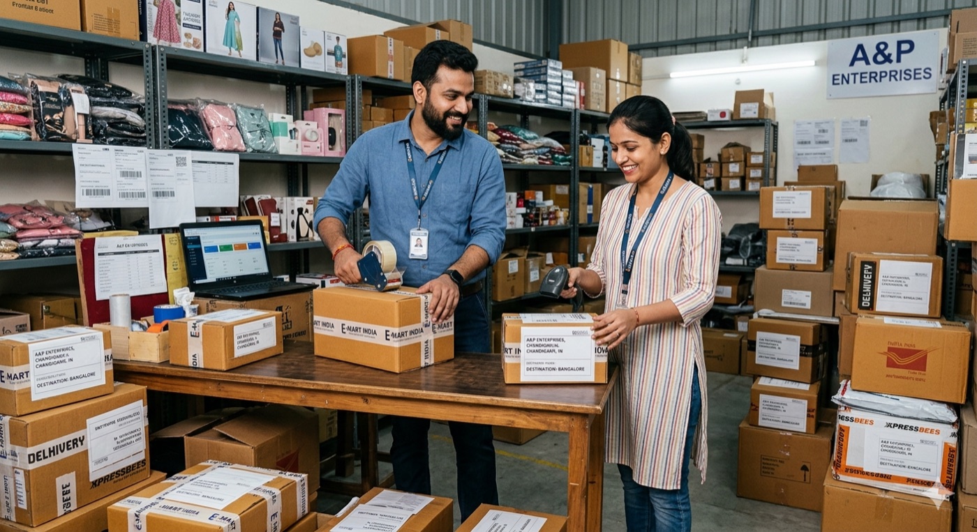 Two warehouse staff packing marketplace orders